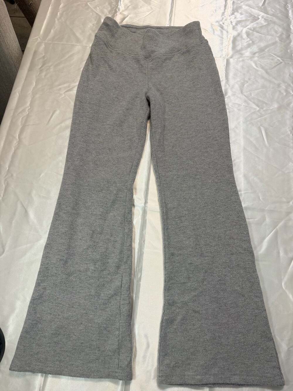 Shosho Gray Ribbed Knit Fold Over High Waist Flared Pants Style 25BFP06
